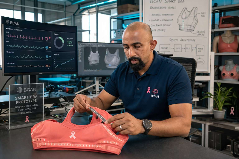 Dr. Angelo with BCan Smart Bra prototype at B-CAN Solutions