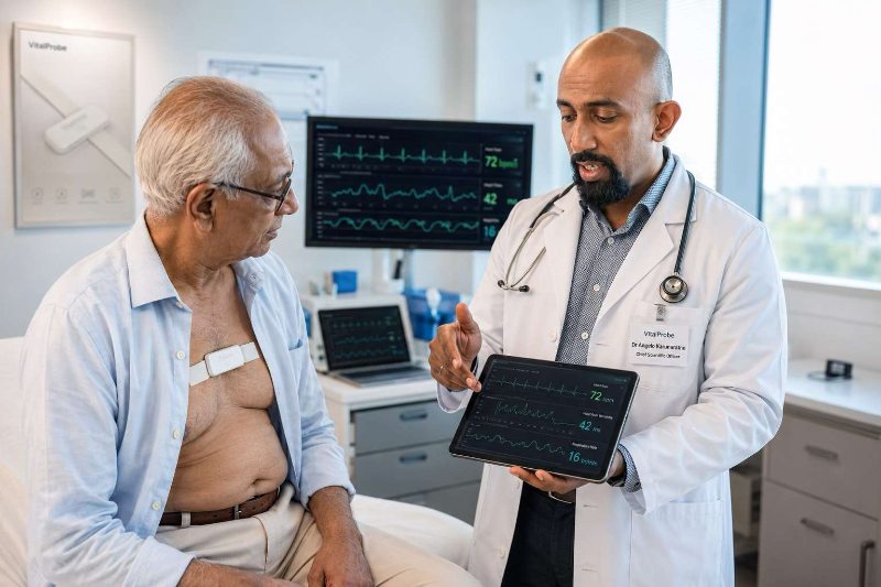 Dr. Angelo demonstrating VitalProbe physiology monitoring system