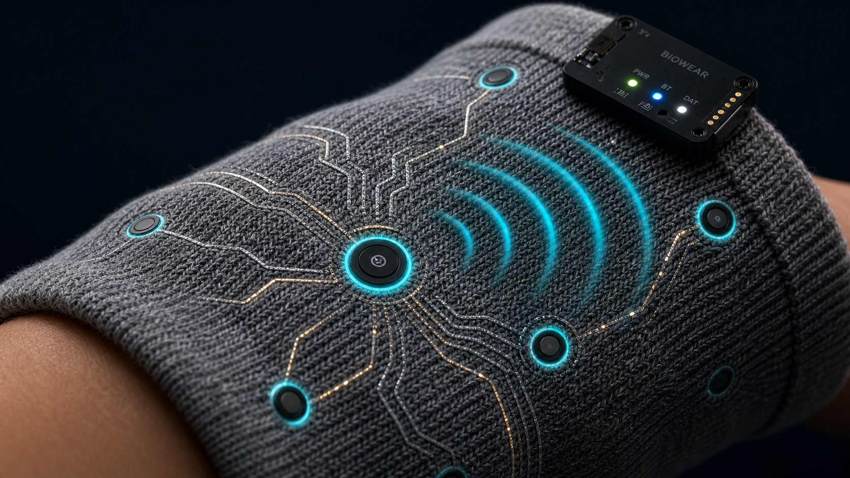 Biosensor-integrated smart knitted garment with glowing teal sensor nodes and a BIOWEAR control module worn on the forearm