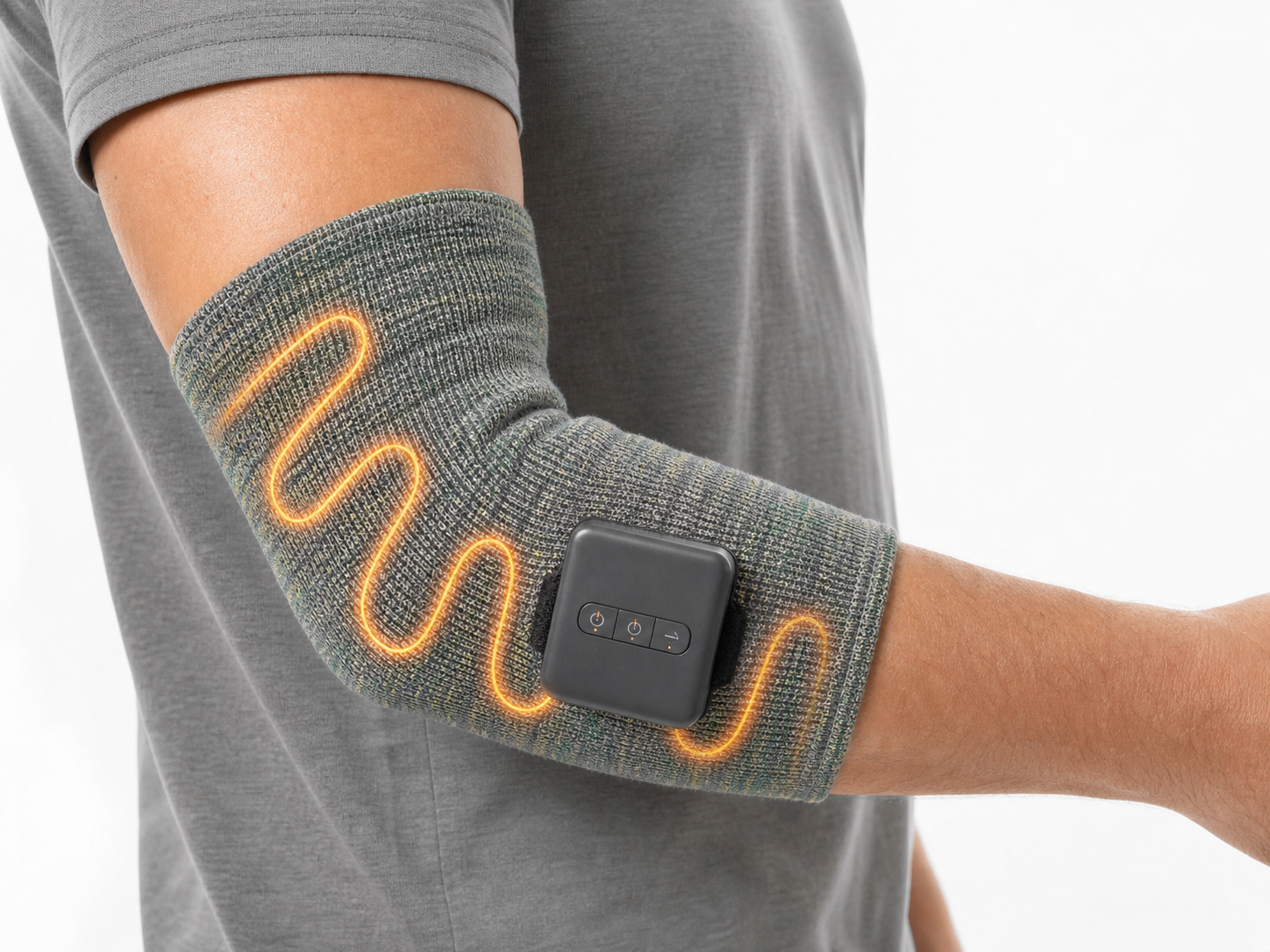 Mercury teal marl knitted heat wrap worn on the elbow with glowing orange zig-zag heating wire and dark control module