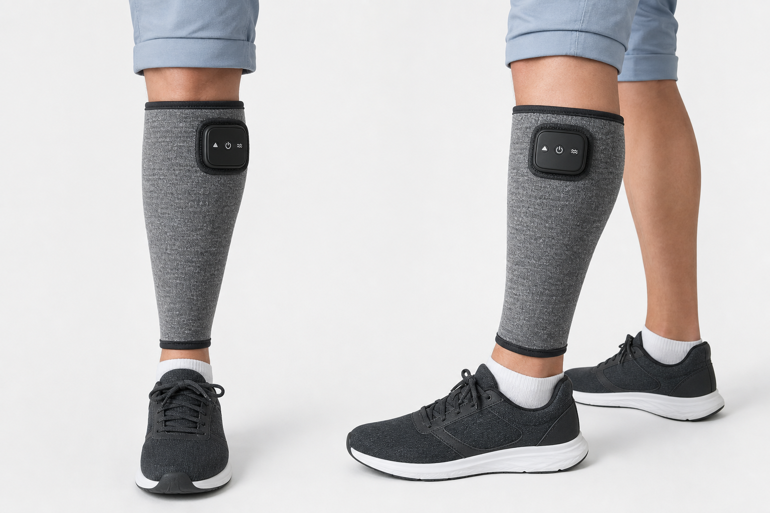 Spryng grey marl compression sleeve worn on the calf with black control module